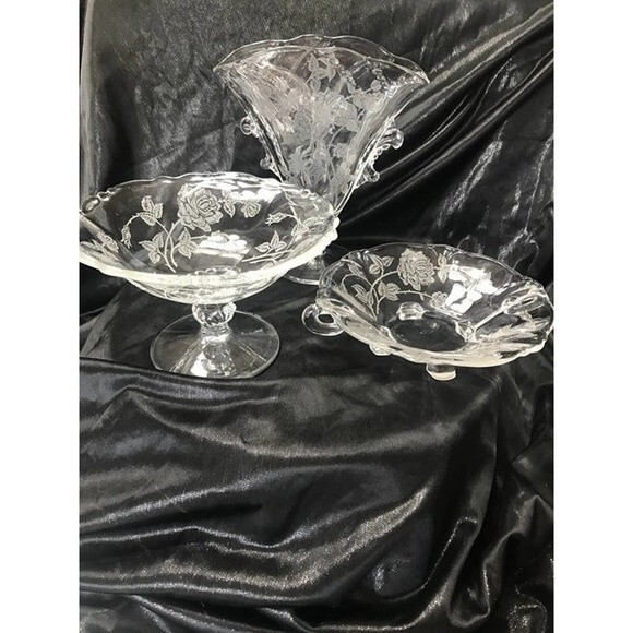 Vintage Heisy Rose patterned glass three piece set